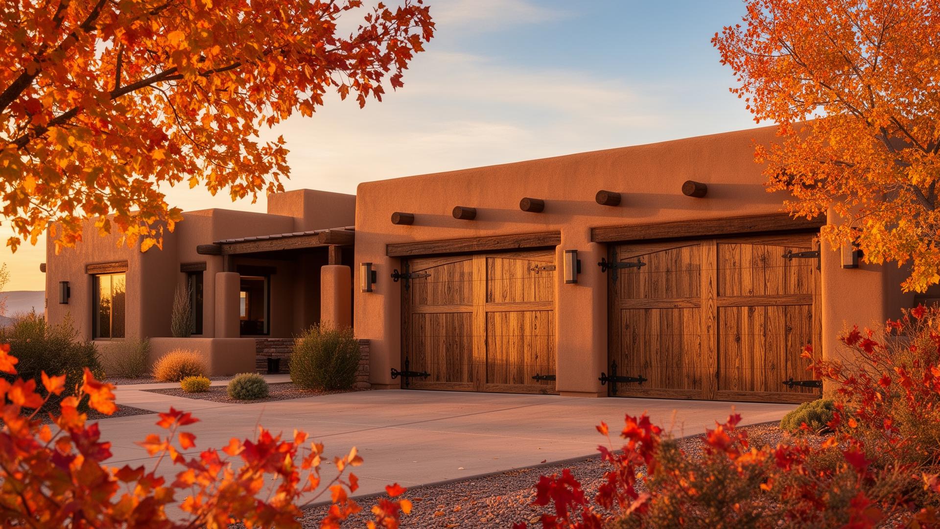 Beautiful rustic wood grain garage door on Southwest adobe home in Williamston NC